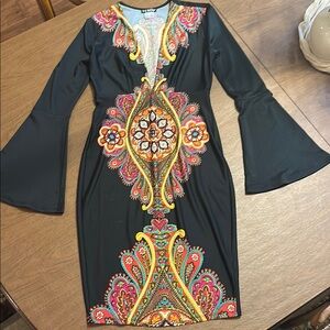 VENUS Black Long Sleeve Bodycon Dress with Plunge Neckline